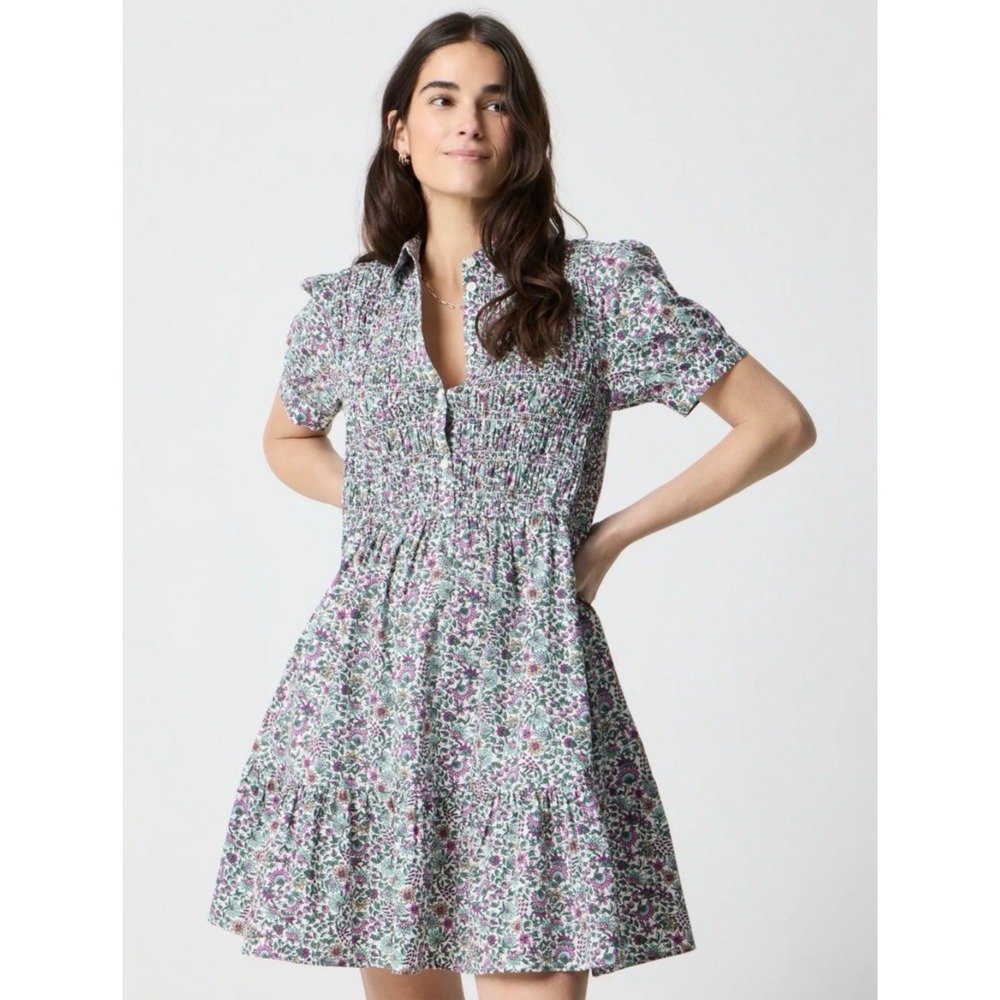 J.Crew Short-Sleeved Smocked Floral Printed Shirt-Dress CM876 Size M Preppy